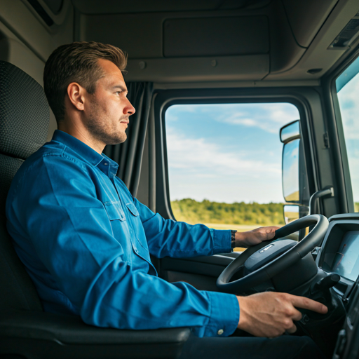 Close up of professional driver in modern truck cab